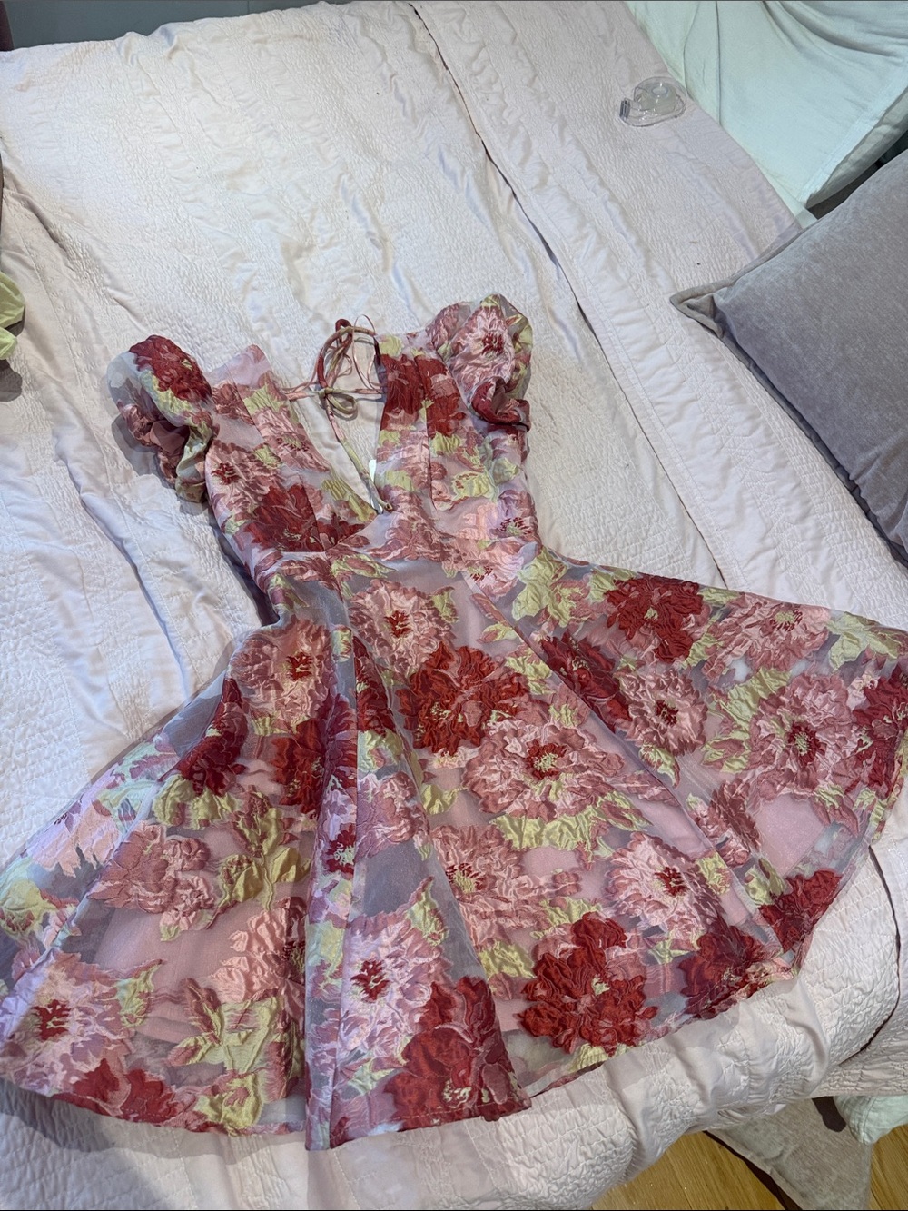 Altar'd State Pink and Red Floral Lace Fit-and-Flare Dress